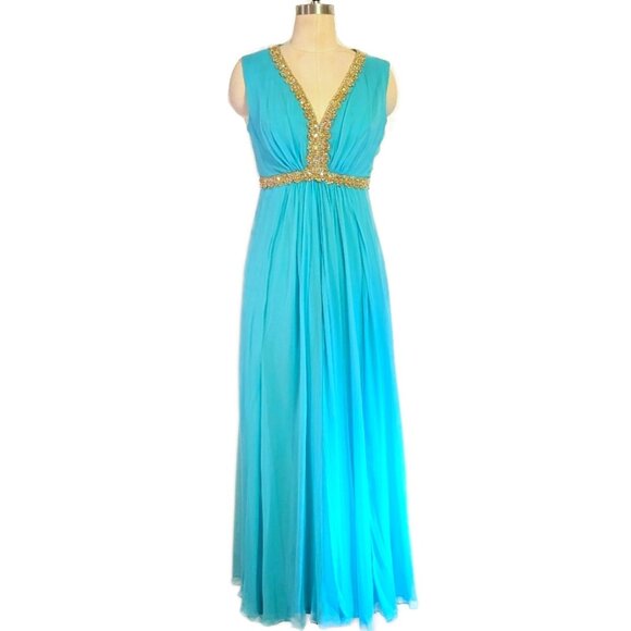 Vintage Dresses & Skirts - Vintage 60s Teal Empire Waist Maxi Length Gown w/ Gold Sequin Detail SZ S